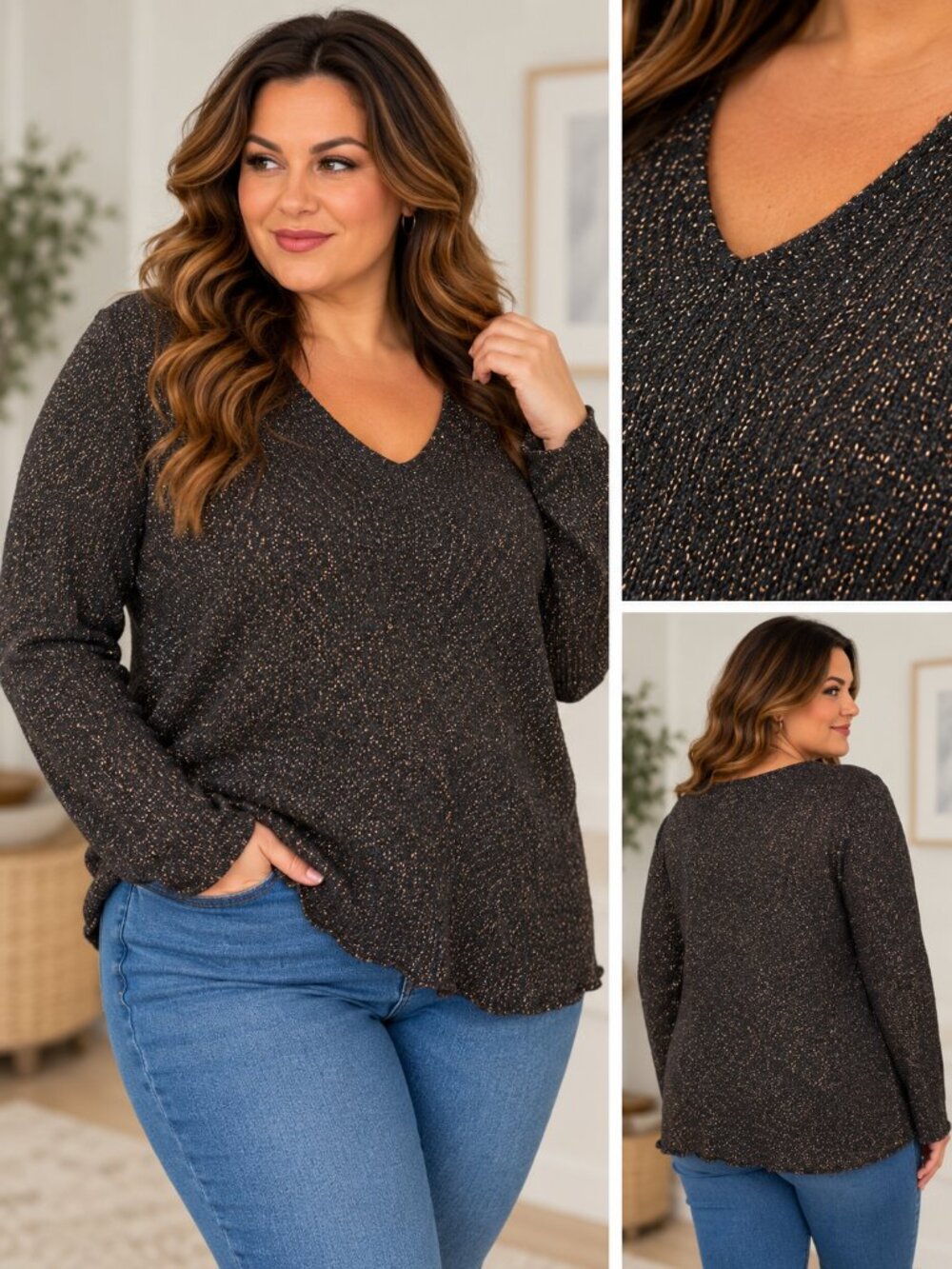 Old Navy Copper Metallic Black V-Neck Women's Sweater Size XL